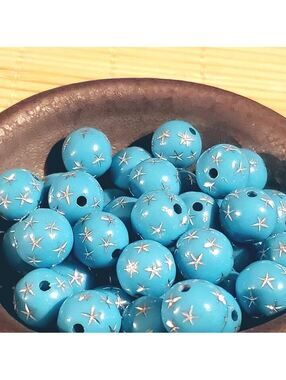 10 Vintage Retro Turquoise Silver Stars 12mm Round Acrylic Shabby Chic Beads